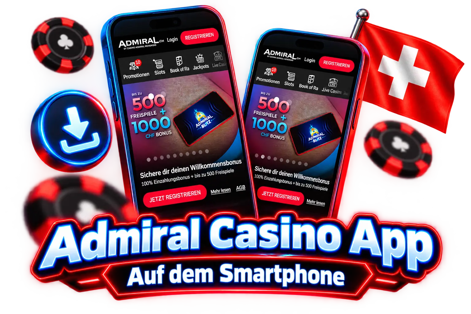 Admiral Casino App auf zwei Smartphones mit Schweizer Flagge