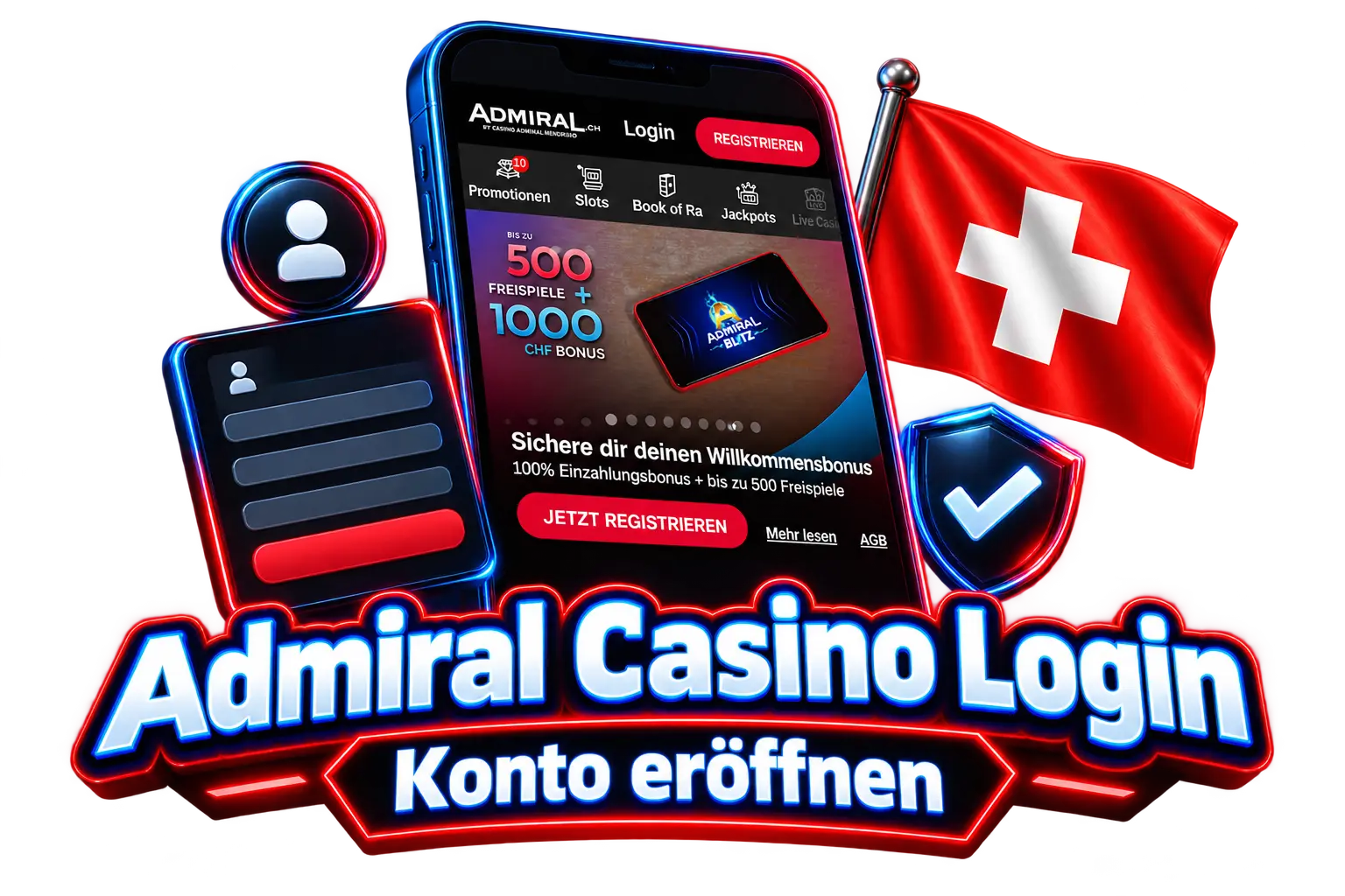 Admiral Casino Login: Smartphone mit Anmeldeformular und Schweizer Flagge