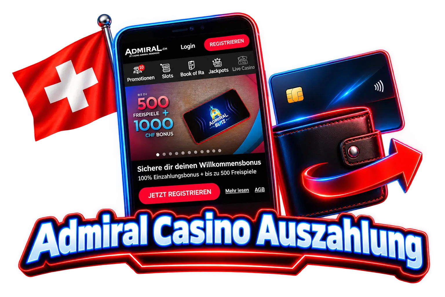 Auszahlung im Admiral Casino: Smartphone, Karte und Wallet mit Schweizer Flagge